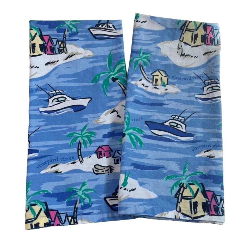 Set 2 Vineyard Vines Kitchen Tea Towels Targe Island Boat Scene u Coastal Decor